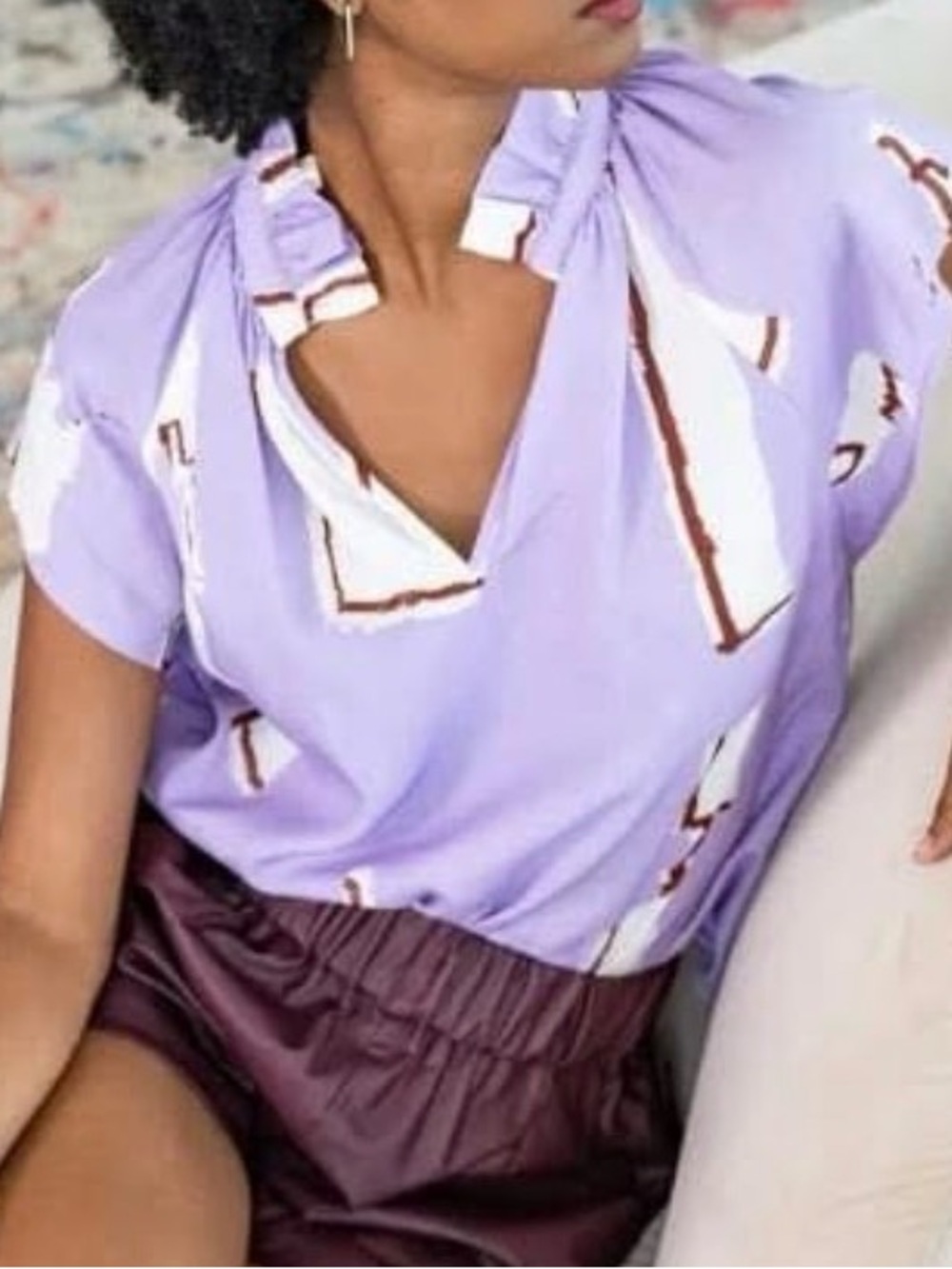 CROSBY Purple Abstract Print Short Sleeve Blouse - Size Small